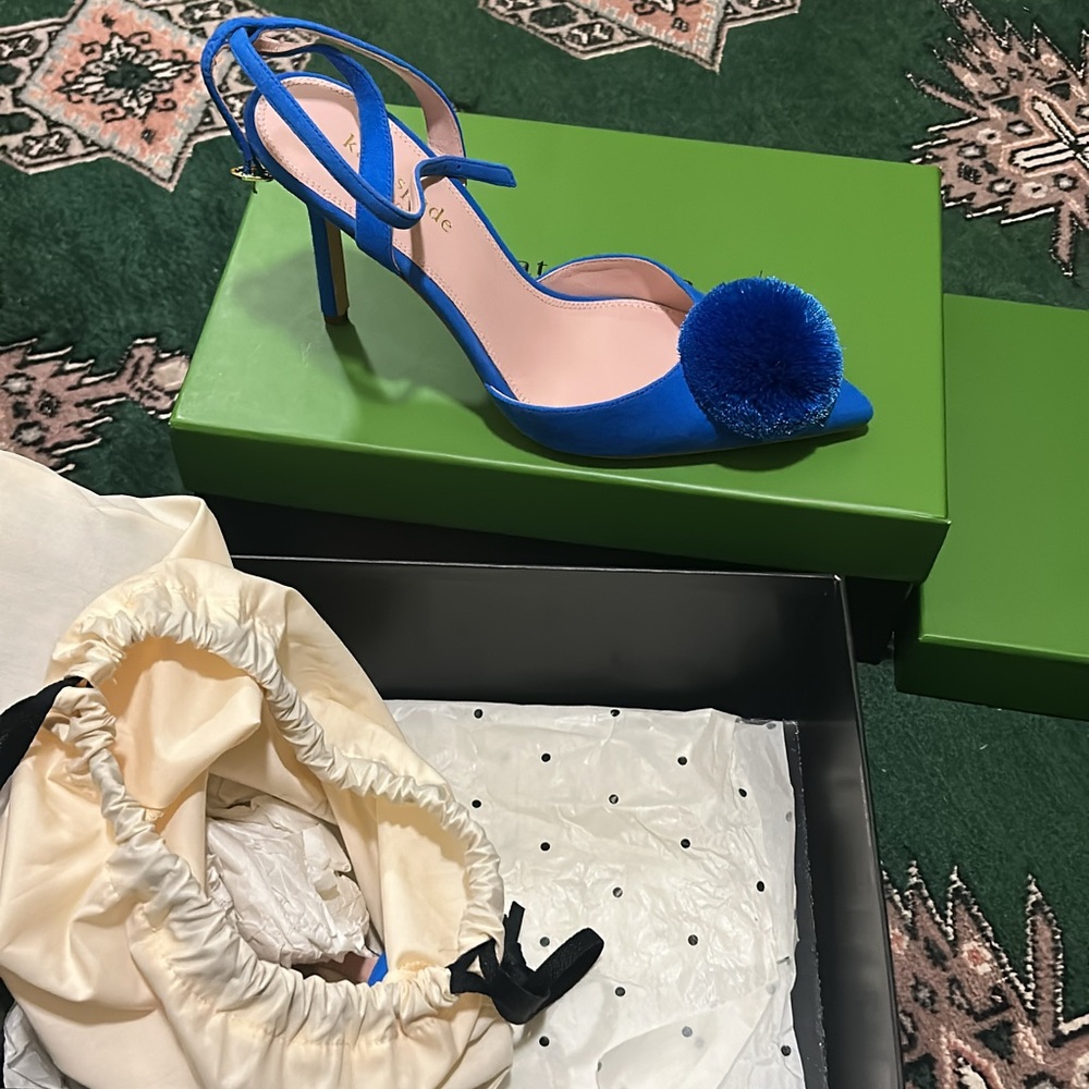 Kate Spade Blue Stiletto Heels with Pom-Pom Detail
